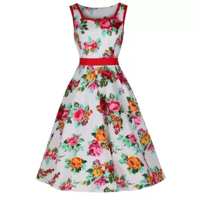 White and Multi Colour Floral Print Vintage 50s Swing Dress