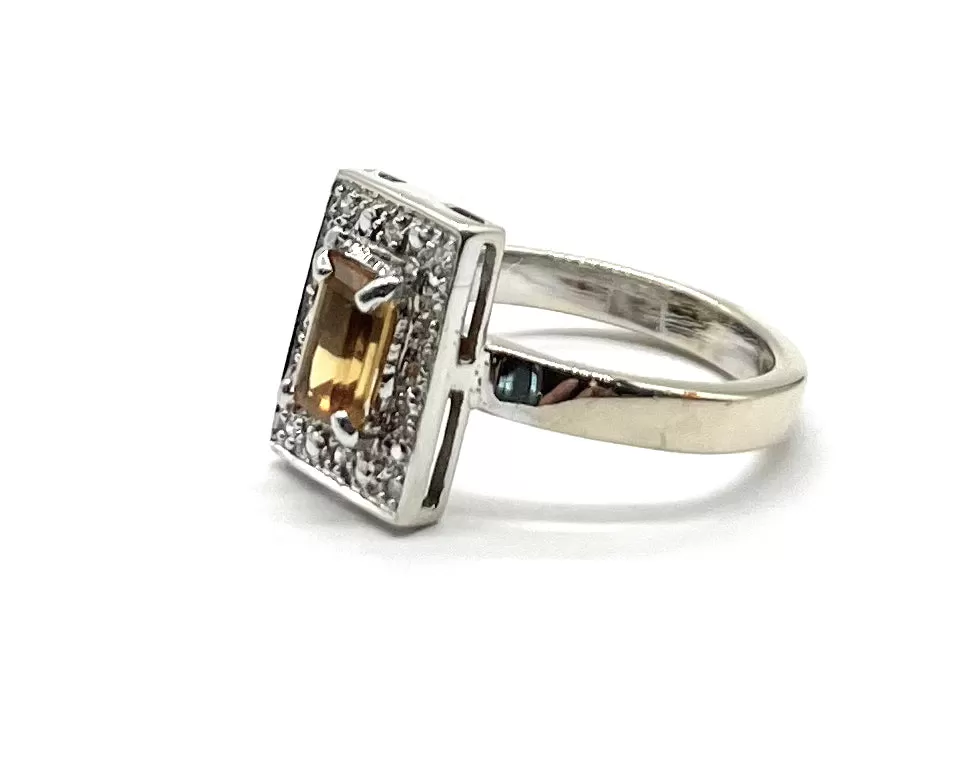 White Gold Diamond Halo Citrine Ring