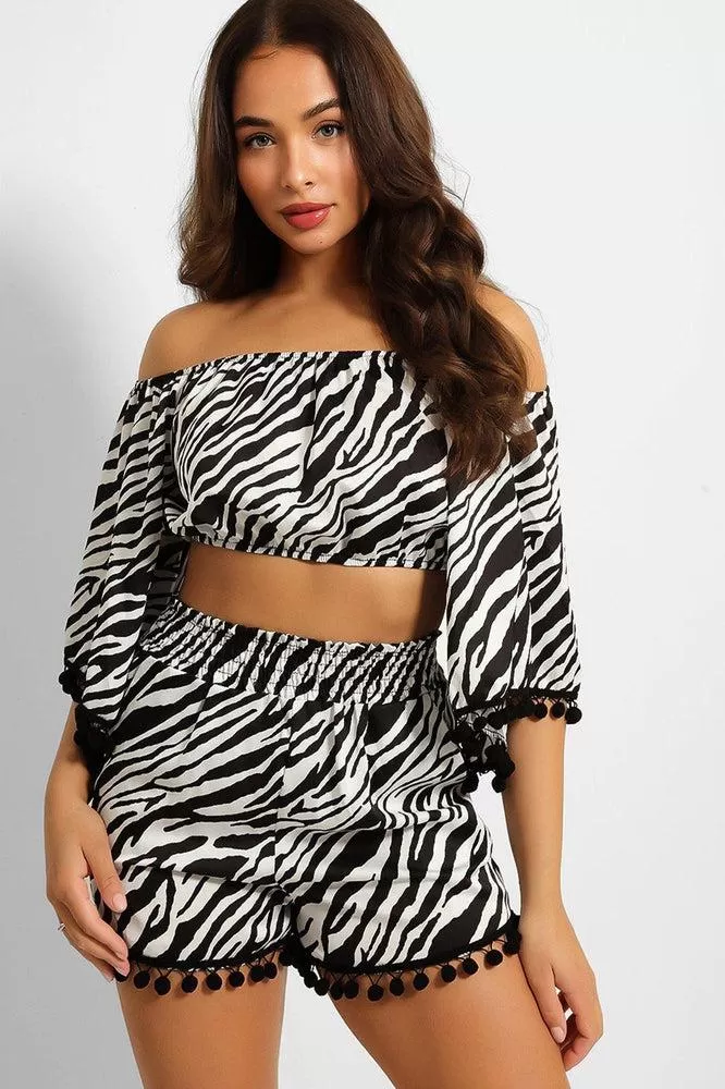 Zebra Print Pom Pom Trim Crop Top And Shorts Set